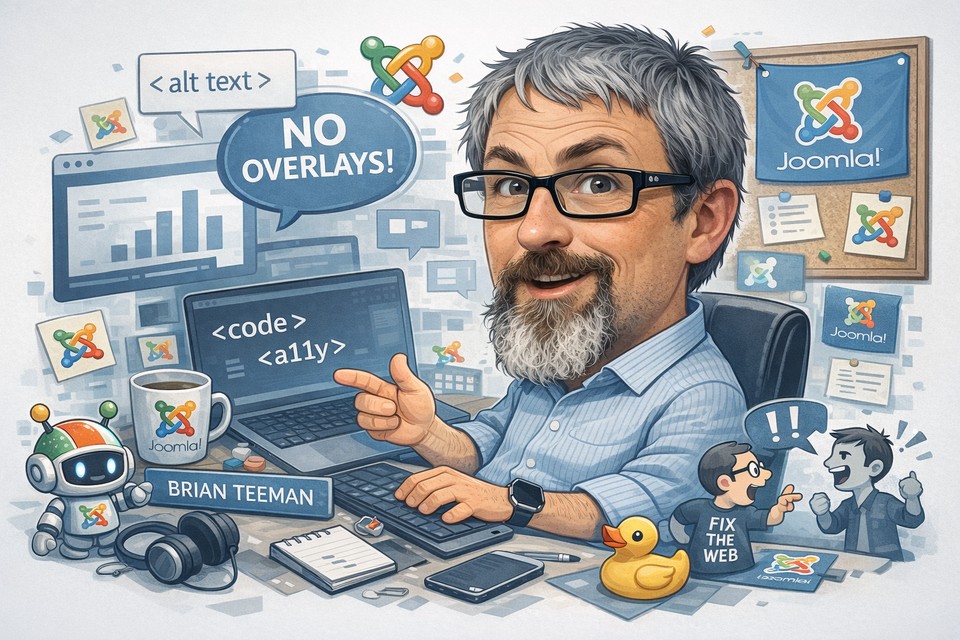 Brian Teeman caricature cover art — oversized head at a Joomla-branded desk, NO OVERLAYS speech bubble, a11y code on laptop