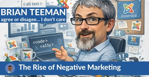Brian Teeman Joomla blog header art — caricature, speech bubbles, Joomla logos everywhere