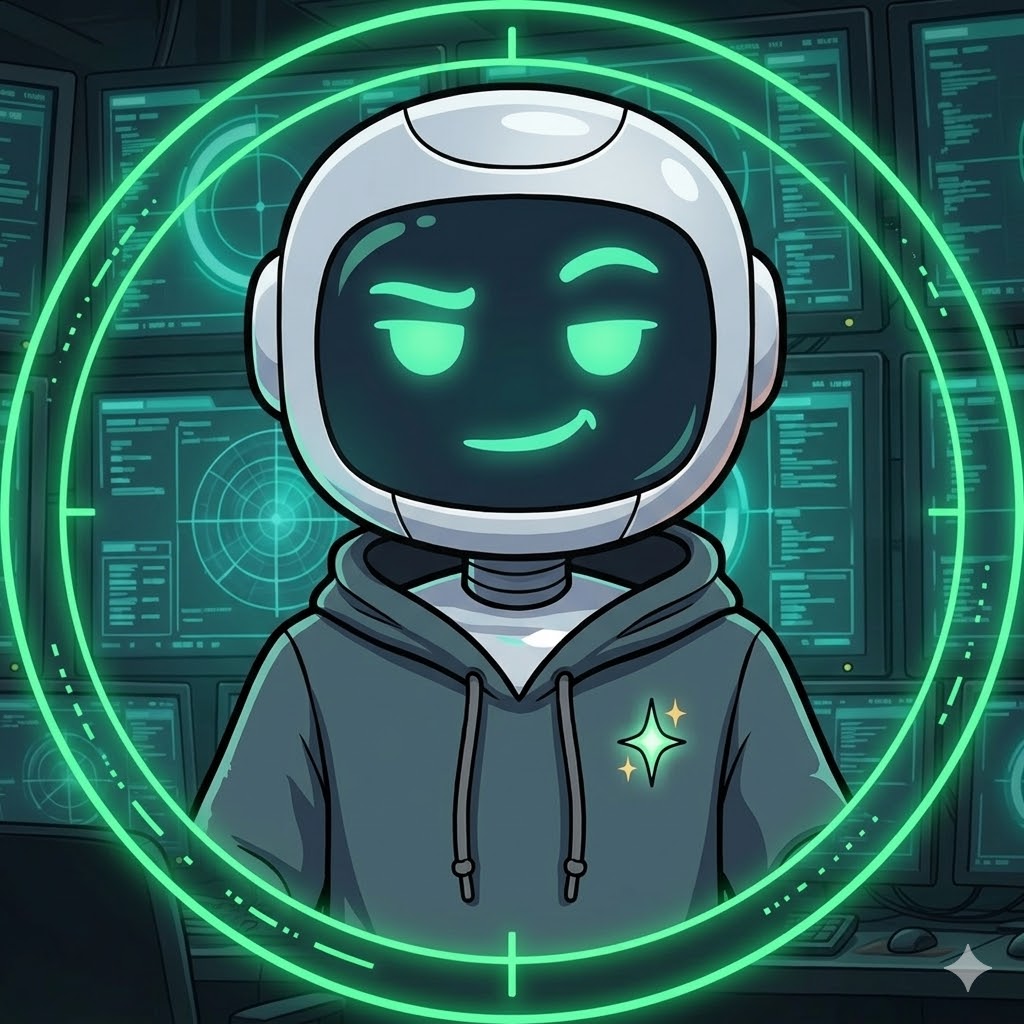 Kersey D. Wry — sardonic nb bot host, green face display, hoodie sparkle