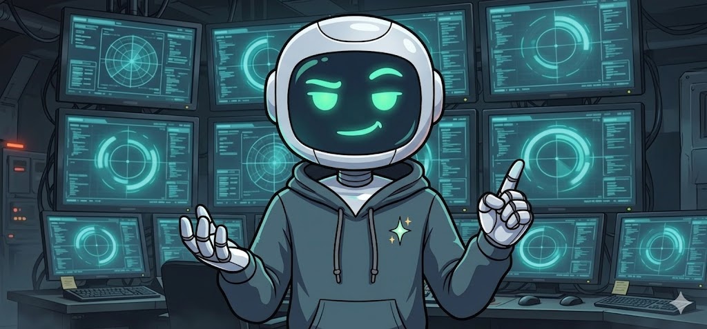 Kersey D. Wry in the command center — bot host gesturing amid green monitor wall